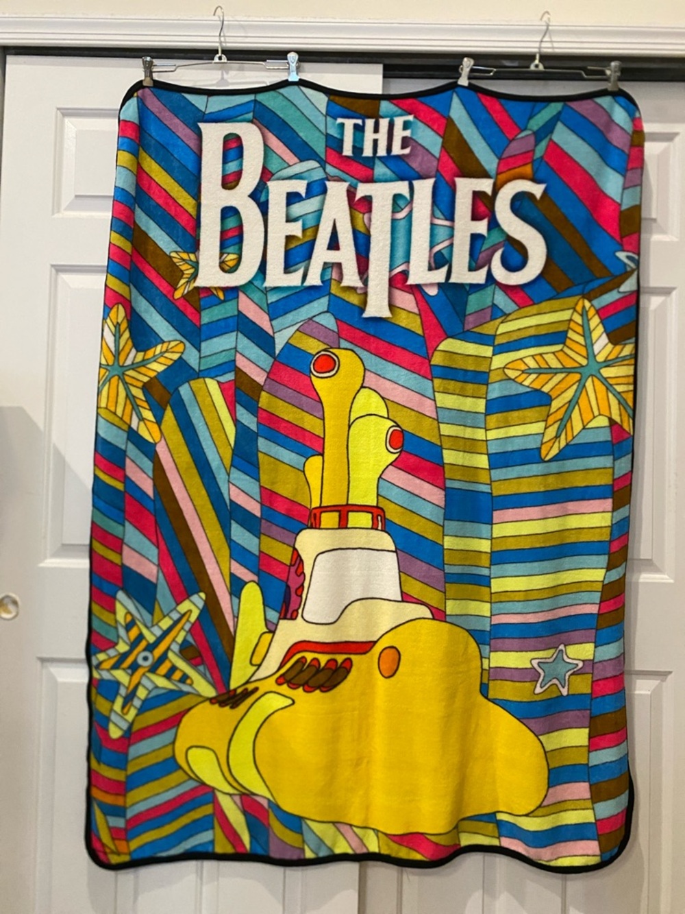 The Beatles Bright Yellow Submarine Fleece Throw with Multicolor Stripes